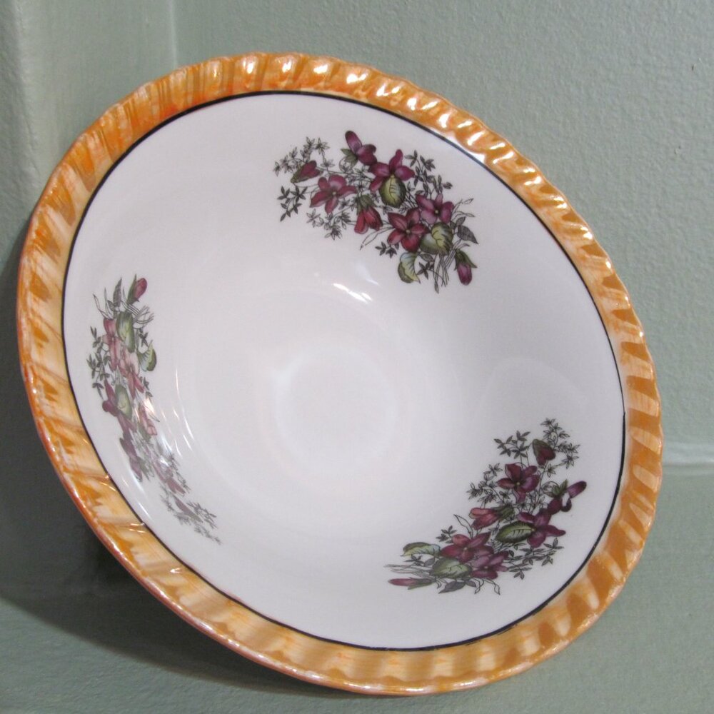Yamatsu Japan Bowl Lusterware Orange Rim and Purple Flowers 7"